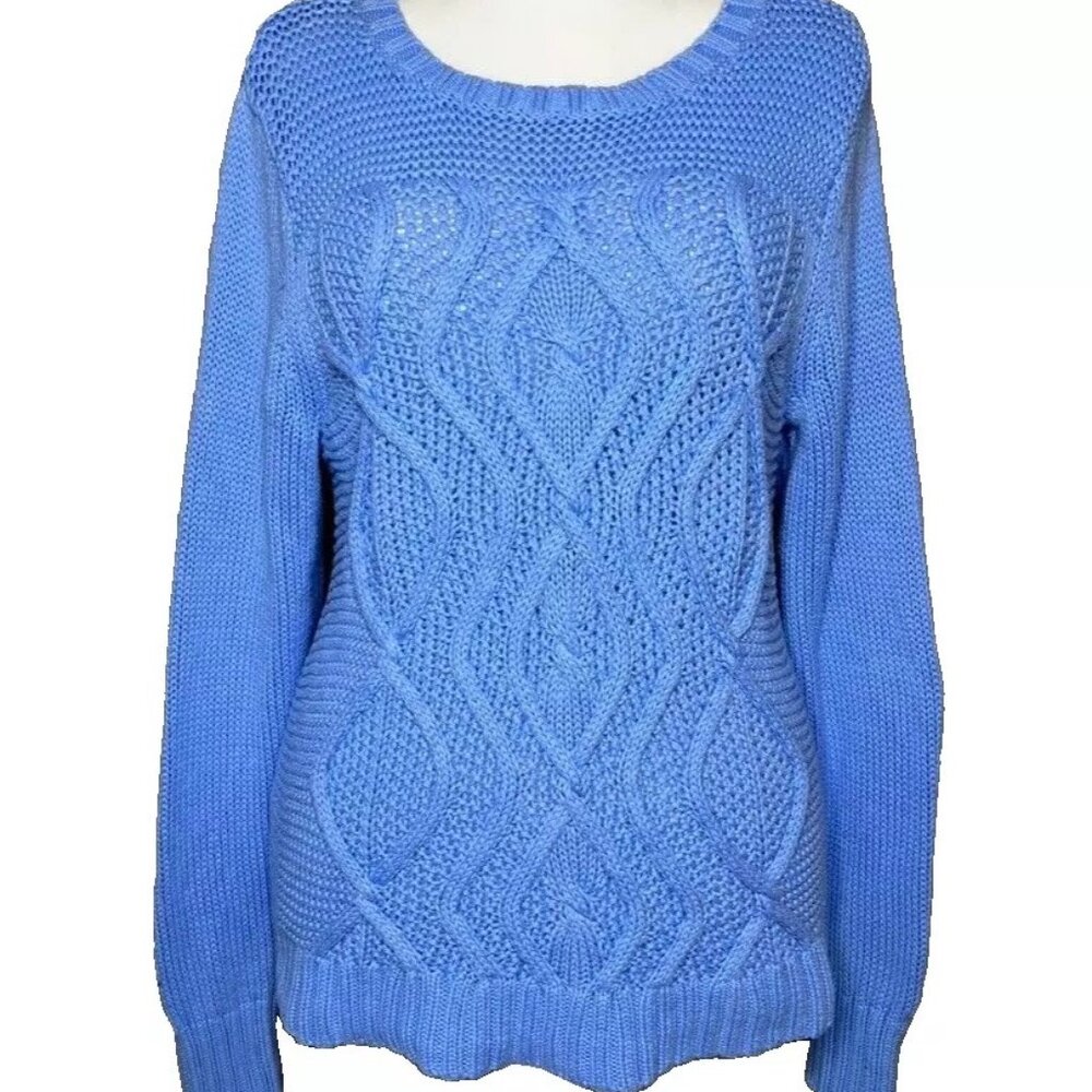 Lands End Drifter Sweater Women Cable Knit Blue Cotton Fisherman Chunky L 14-16‎
